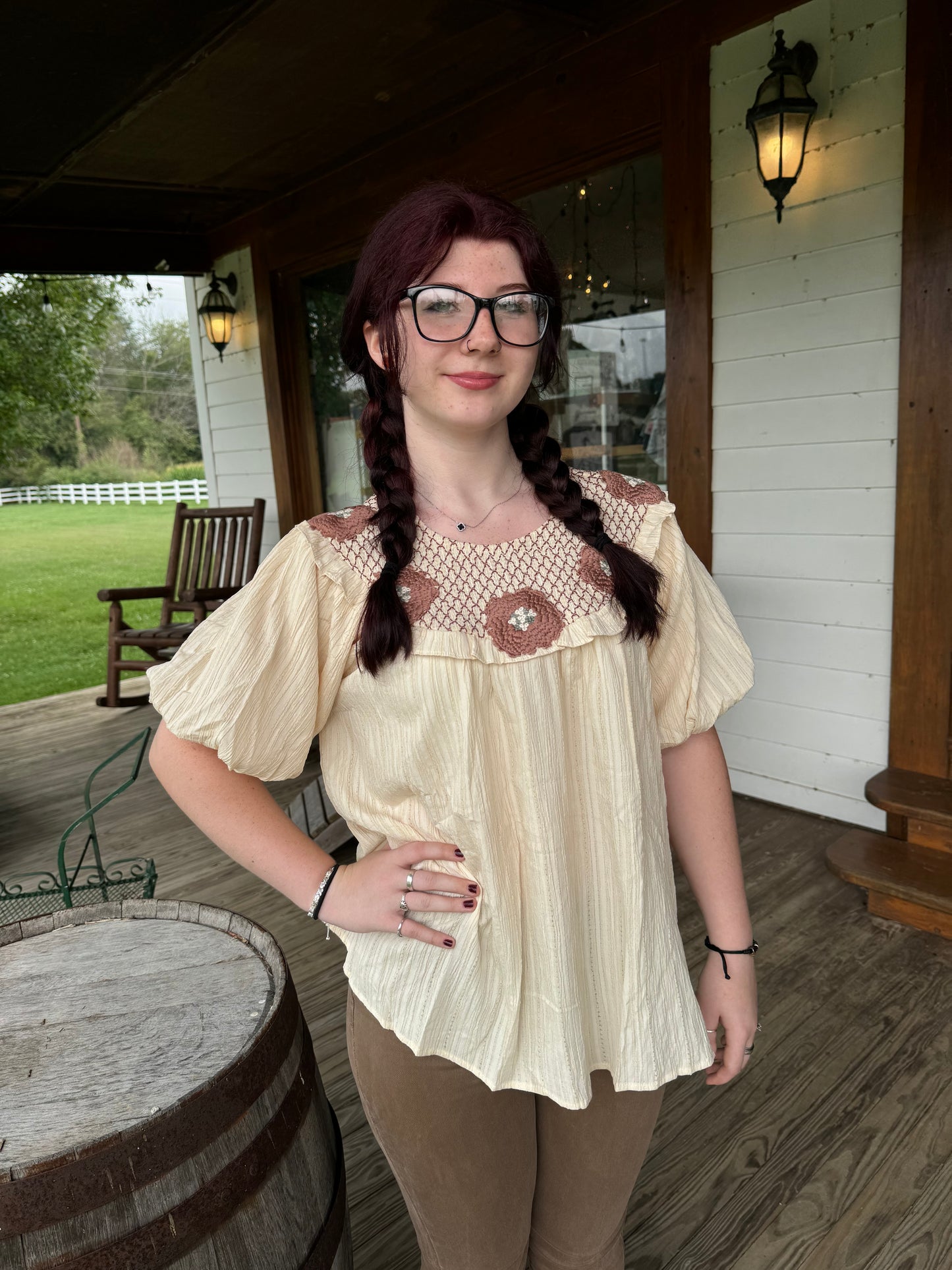 Short Balloon Sleeve top with Embroidered Flowers at Neckline - Ivory