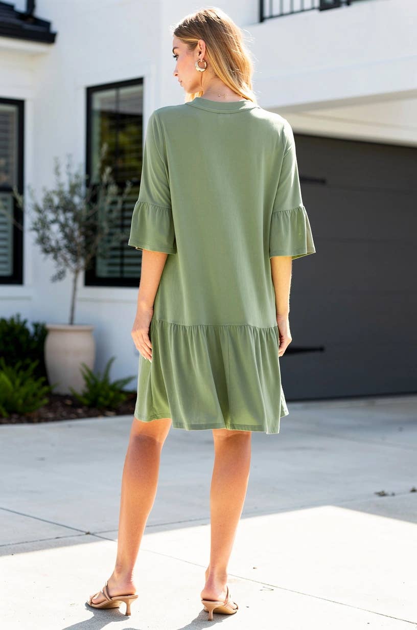 Dear Scarlett Shirred Tiered Relaxed 3/4 Sleeve Dress - Pistachio