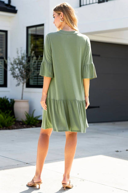 Dear Scarlett Shirred Tiered Relaxed 3/4 Sleeve Dress - Pistachio