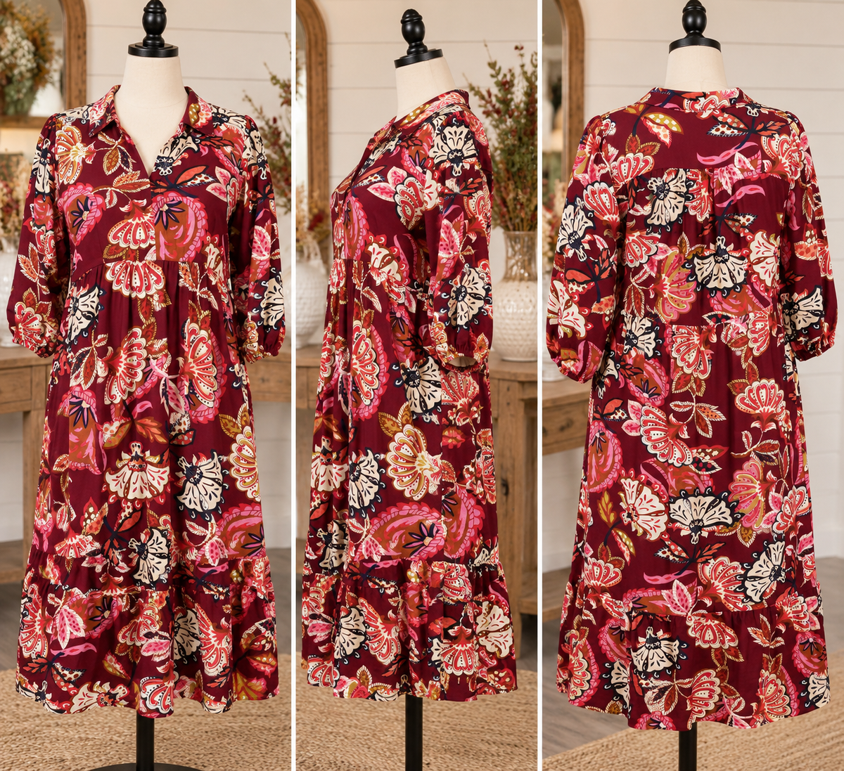Umgee Paisley Print Midi Dress - Burgundy Mix
