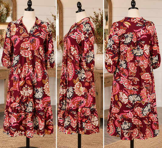Umgee Paisley Print Midi Dress - Burgundy Mix