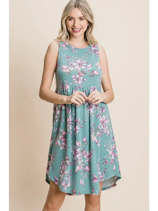 Plus Size Floral Sleeveless Knee Dress - Mint