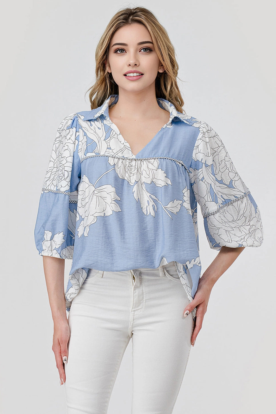 Pixi & Ivy Mellie Collared Flowy Top Blue Floral Print
