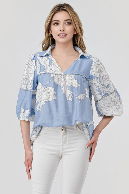 Pixi & Ivy Mellie Collared Flowy Top Blue Floral Print