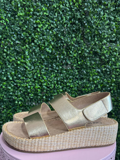 Corkys gold metallic sandals for women, comfortable dressy summer sandals with a 2 inch heel.