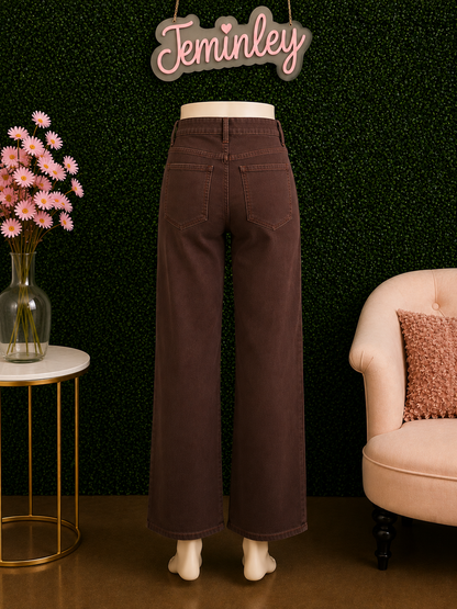 Charlie B Coffee Wide Leg Twill Pants with Front Embroidery