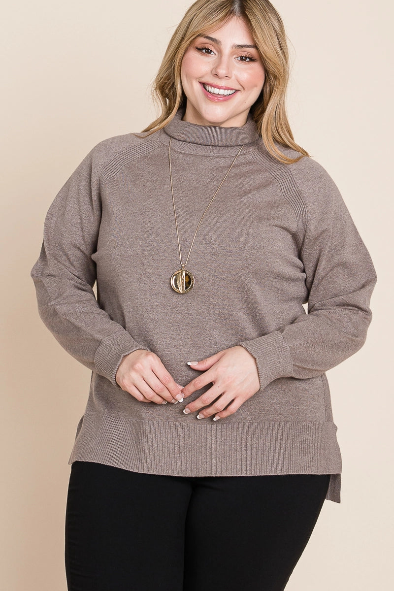 Plus Size Buttery Soft Solid Knit Two Tone Turtleneck - Mocha