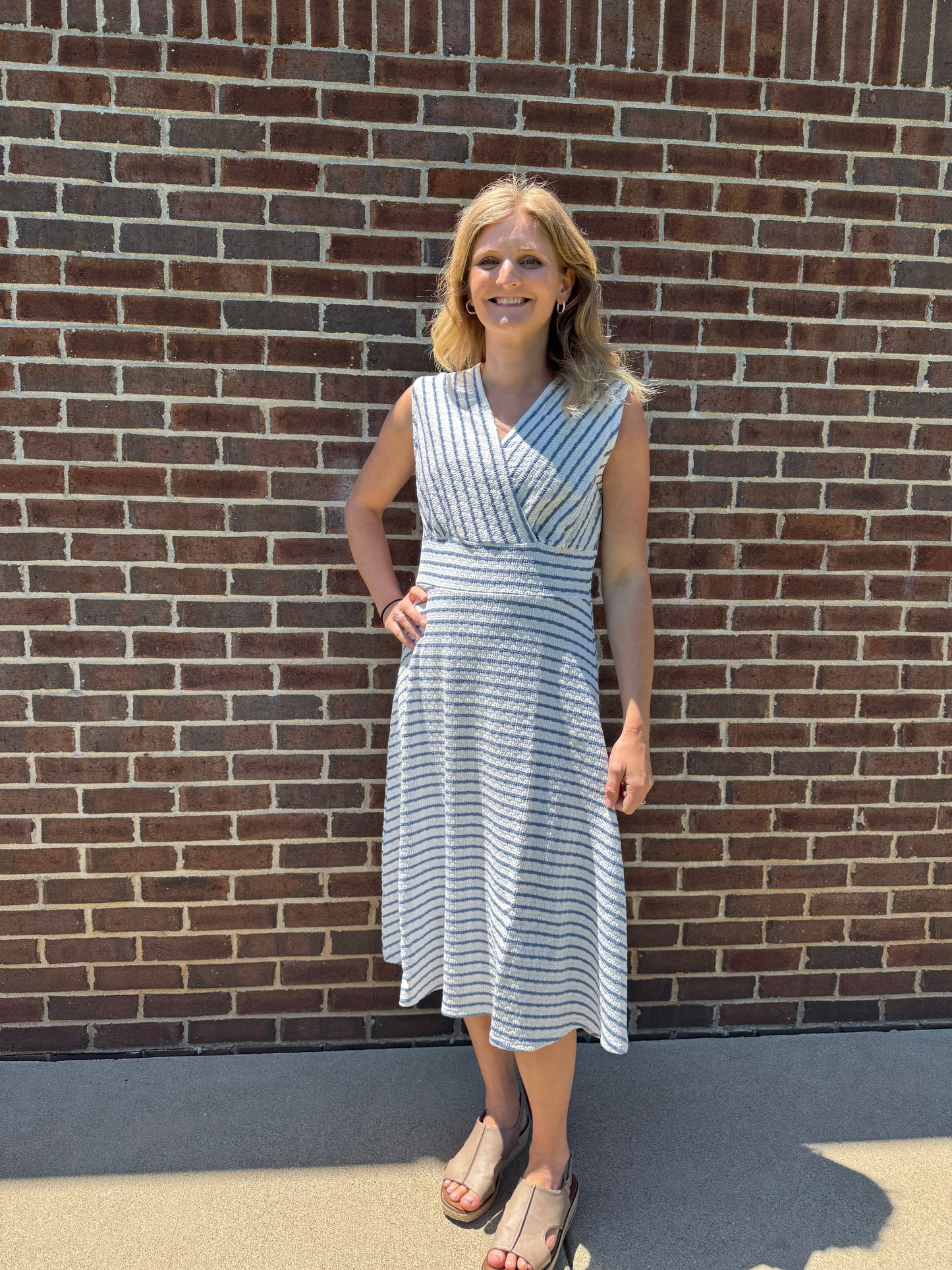 Keren Hart White & Light Blue Striped Midi Dress