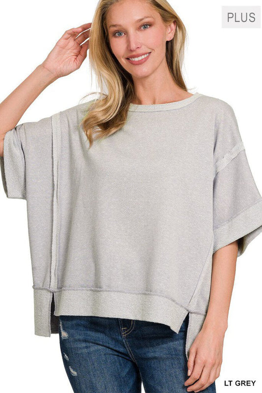 Terry Knit Inside-Out Detailed Top Sizes Small to 3X - Light Grey