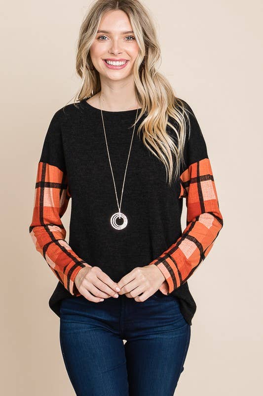 Emerald Plus Size Plaid Sleeve Top