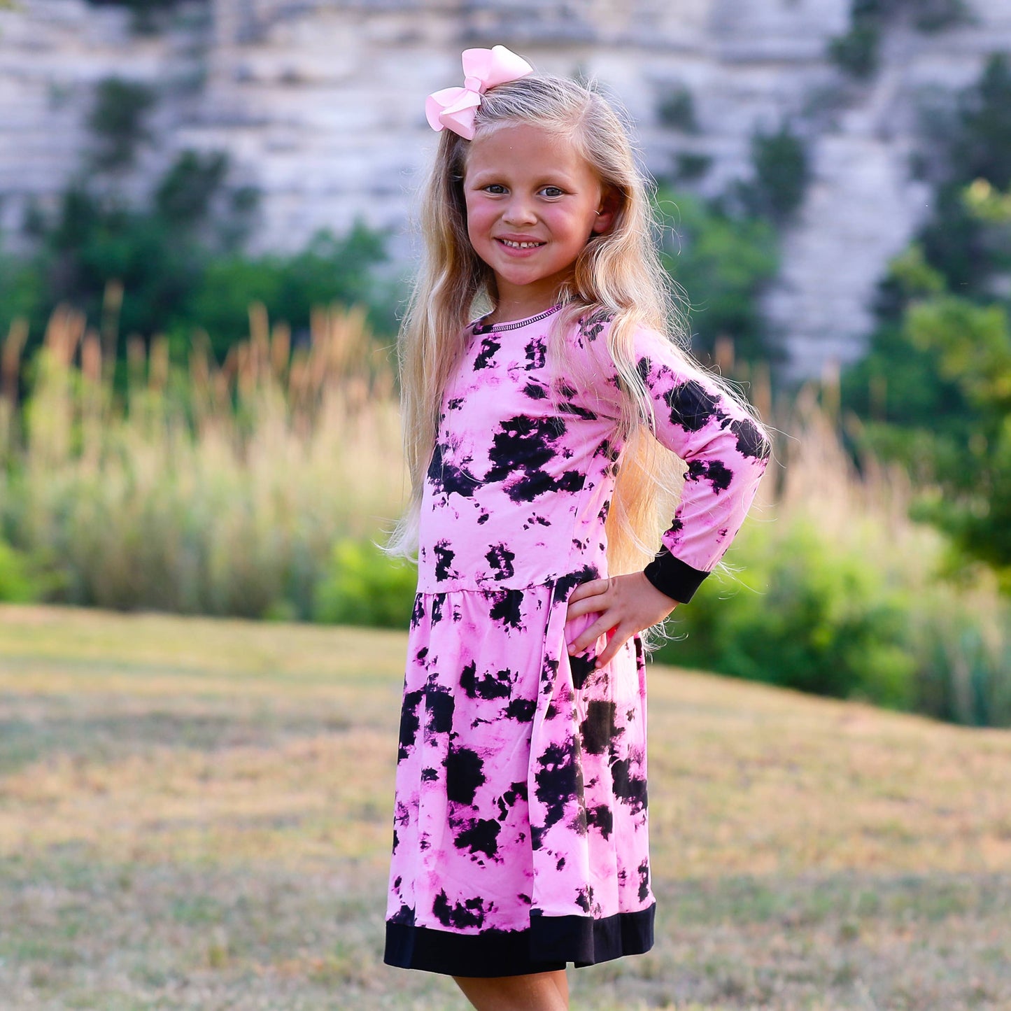 Pink & Black Groovy Girls Tie Dye Dress Cotton Kids Clothing