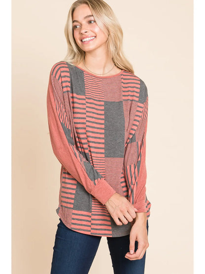 Stripe and Solid Dolman Sleeves Top