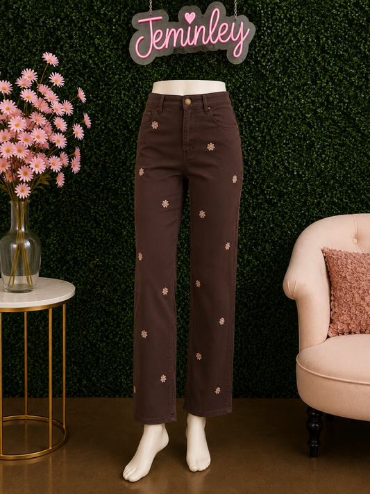 Charlie B Coffee Wide Leg Twill Pants with Front Embroidery