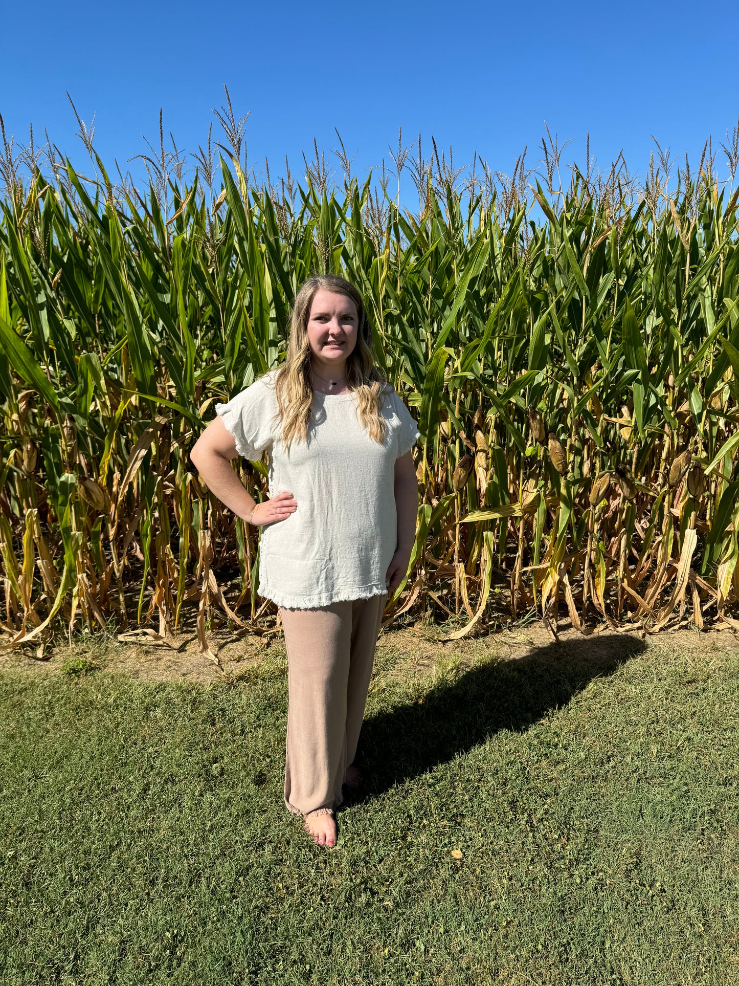 Short Sleeve Linen Fringe Top with Floral Lace Back Detail