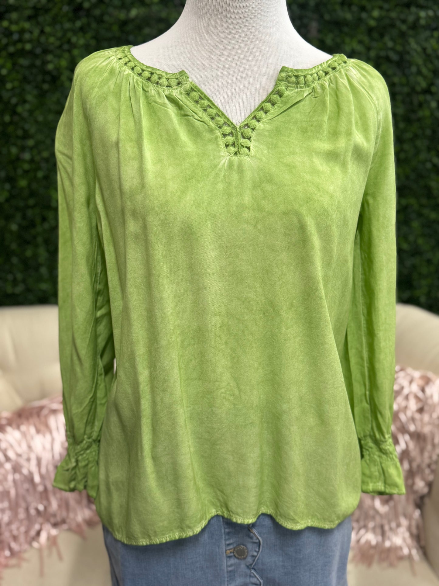 Keren Hart Lime Green Mineral Washed Top with Detailed Neckline