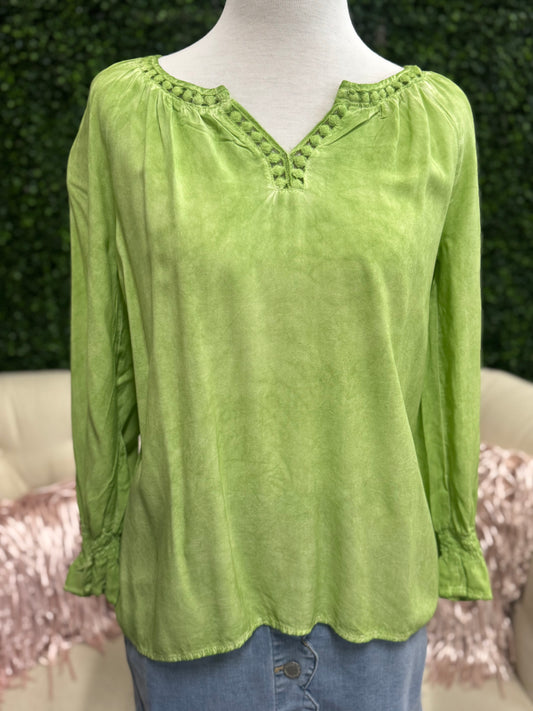 Keren Hart Lime Green Mineral Washed Top with Detailed Neckline