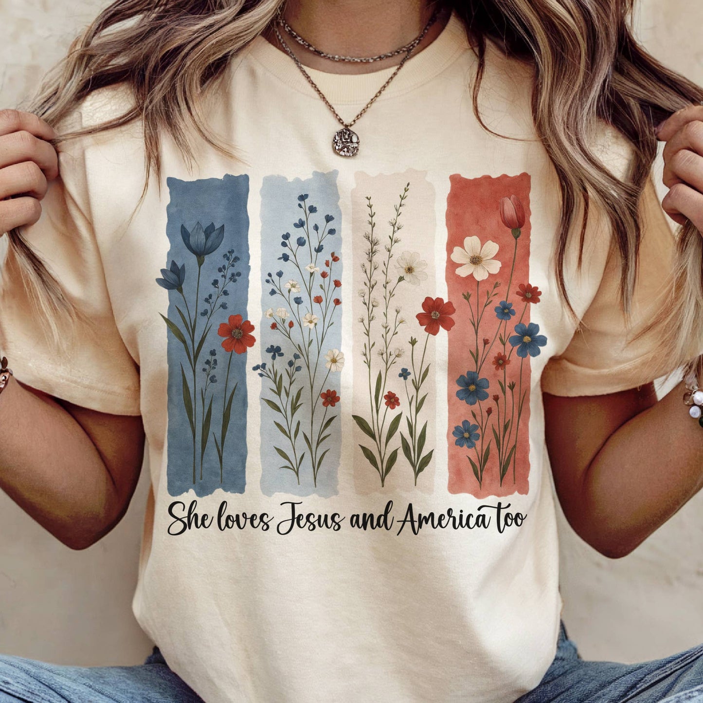 USA She Loves Jesus and America Floral Patriotic Graphic Tee