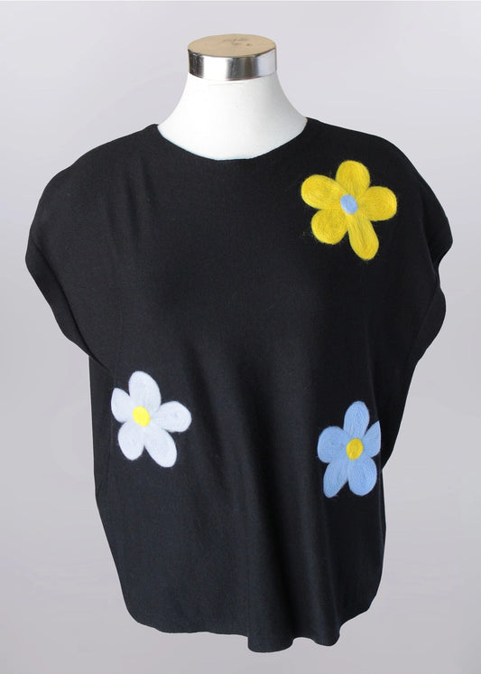 Keren Hart Black Short Sleeve Sweater with Flower Detail