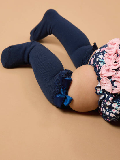 Girls Dark Navy, Ivory, & Dark Cherry 3-Pack Lace Ruffle Bow Knee High Socks