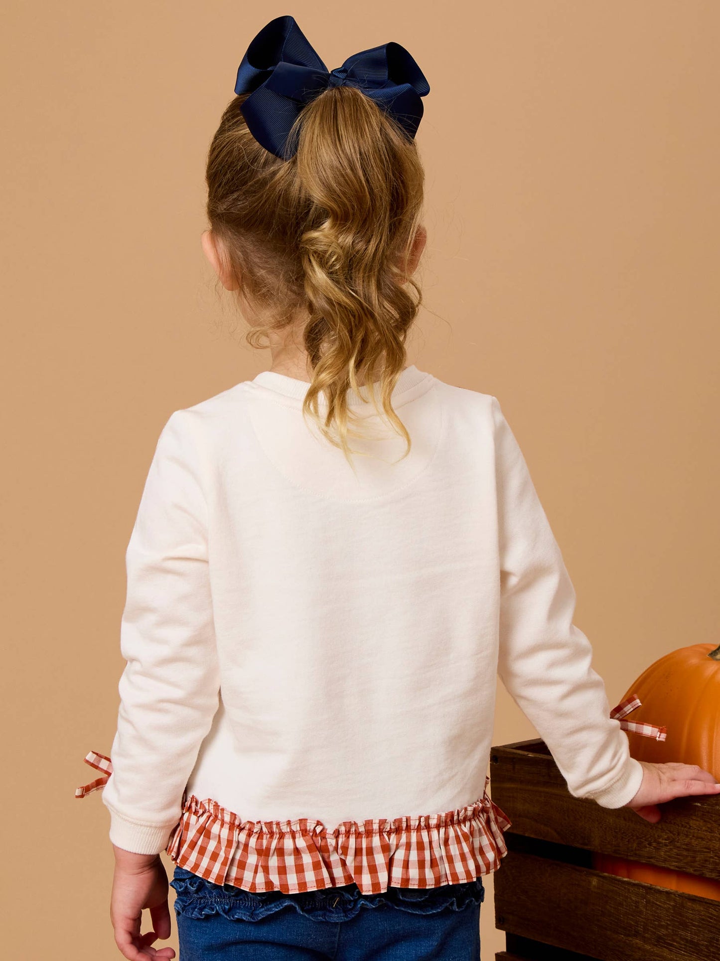 Girls Pumpkin Bow Ivory Applique Ruffle Bow Sweatshirt