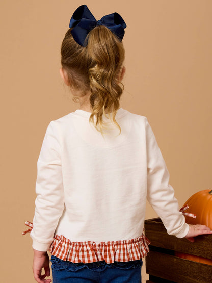Girls Pumpkin Bow Ivory Applique Ruffle Bow Sweatshirt