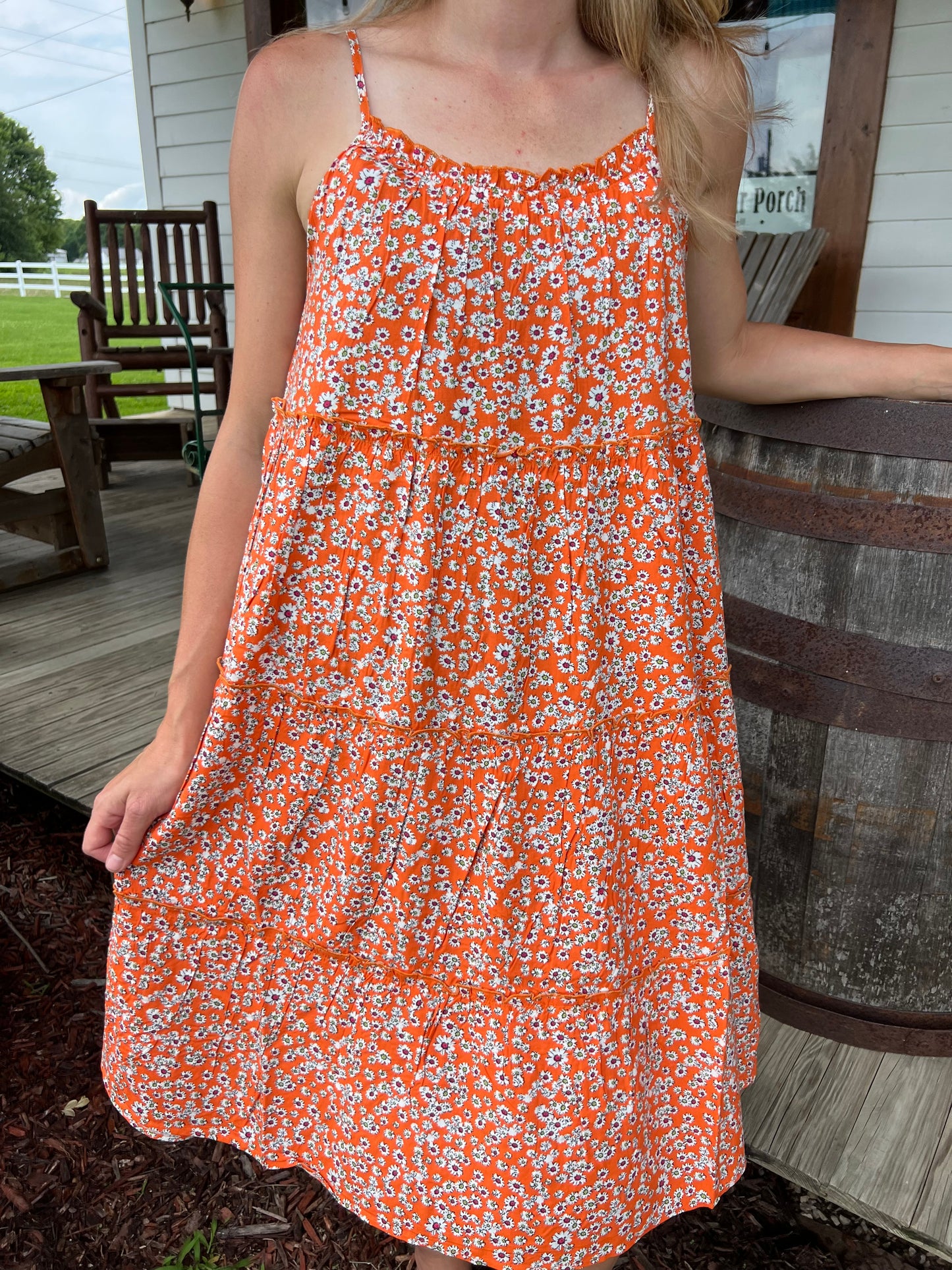 Keren Hart Orange Daisy Floral Tiered Dress