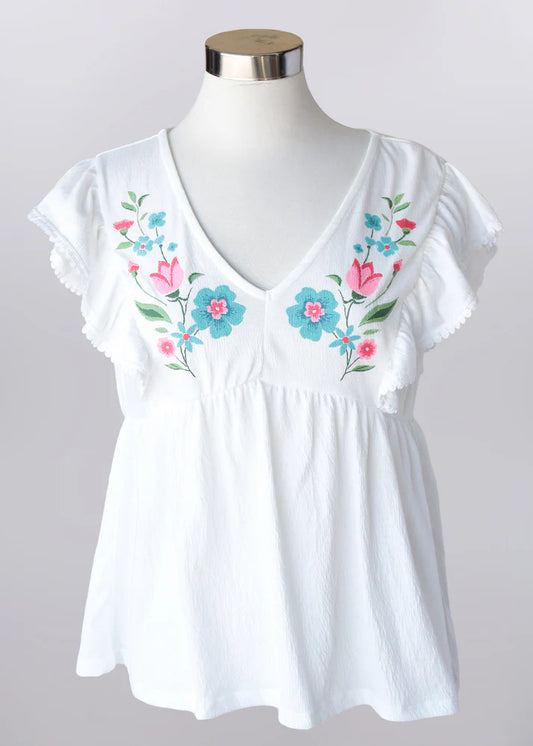 Keren Hart White Embroidered Top with Flutter Sleeves