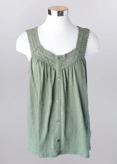 Olive sleeveless top with button front and lace detail, soft stretch fabric, perfect for casual summer everyday wear