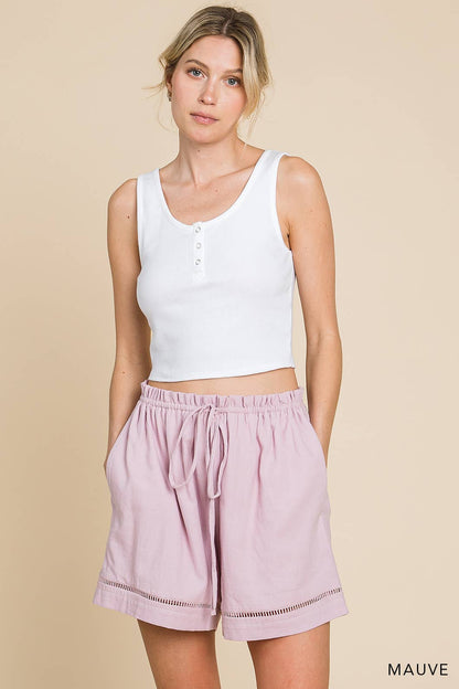 Cotton Bleu Mauve Ladder Trim Lined Shorts