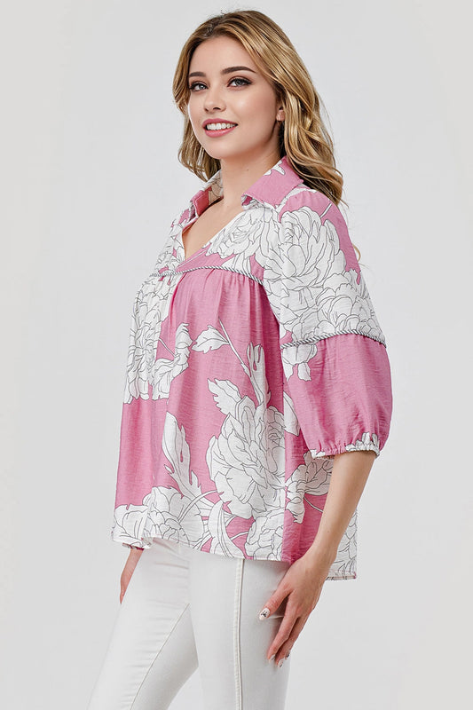 Pixi & Ivy Mellie Collared Flowy Top Pink Floral Print
