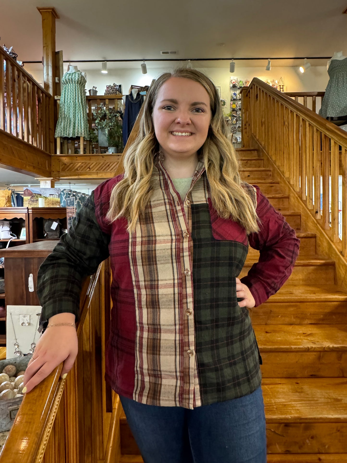 Mixed Color Block Plaid Top