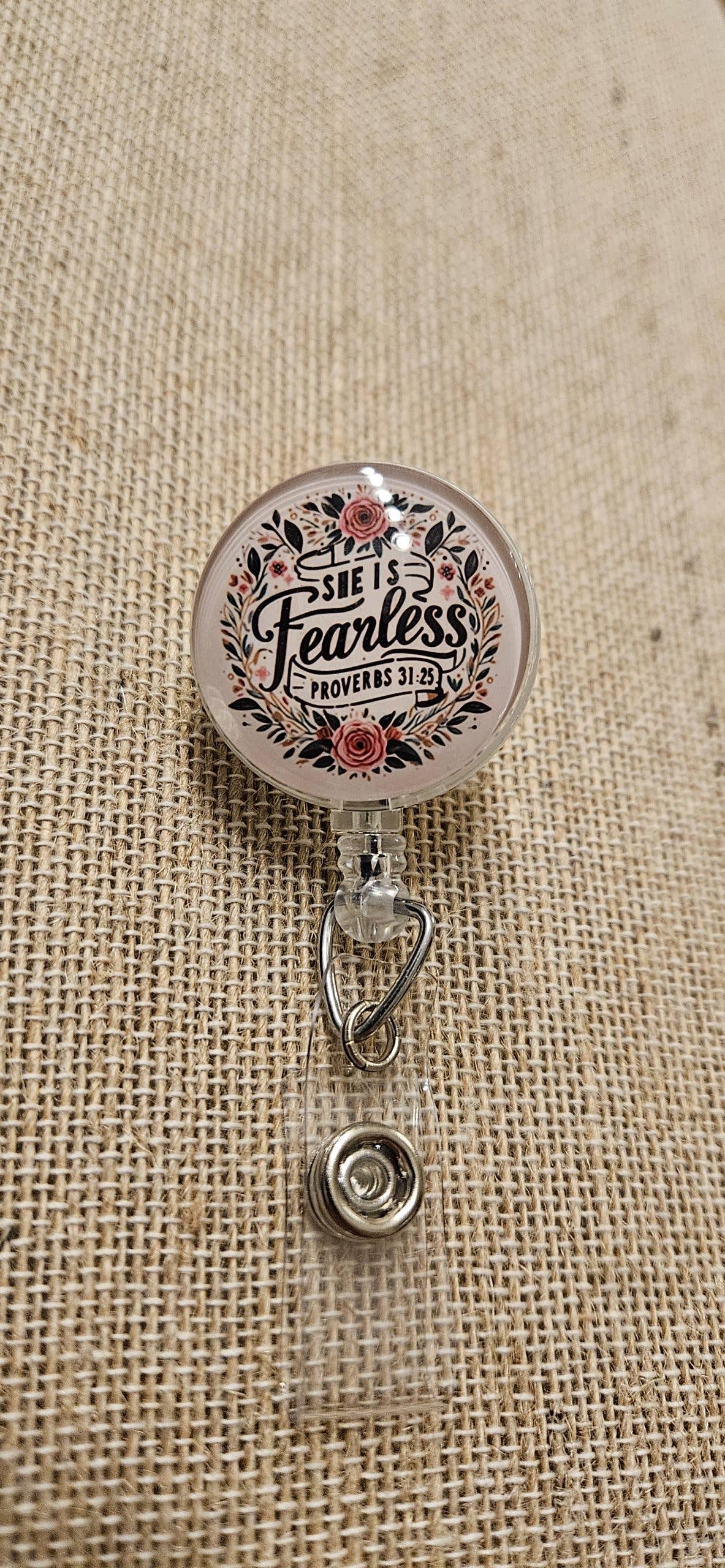 She Is Fearless Badge Reel – Floral Retractable ID Holder with Swivel Alligator Clip