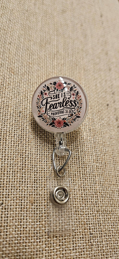 She Is Fearless Badge Reel – Floral Retractable ID Holder with Swivel Alligator Clip