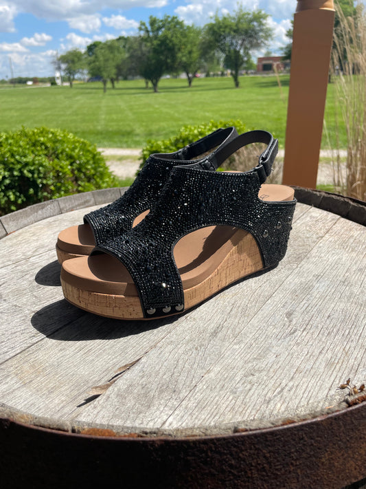 The Ashley Black Rhinestone Wedge Sandal