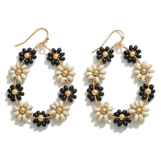 Beaded Flower Drop Earring With Gold Tone Accent