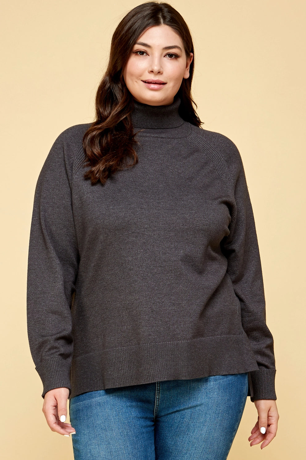 Plus Size Buttery Soft Solid Knit Two Tone Turtleneck - Charcoal