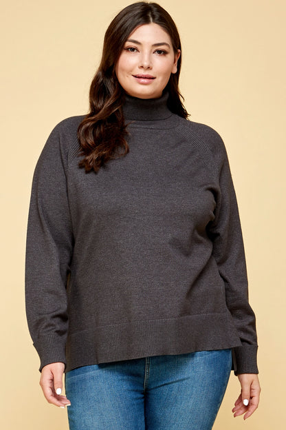 Plus Size Buttery Soft Solid Knit Two Tone Turtleneck - Charcoal