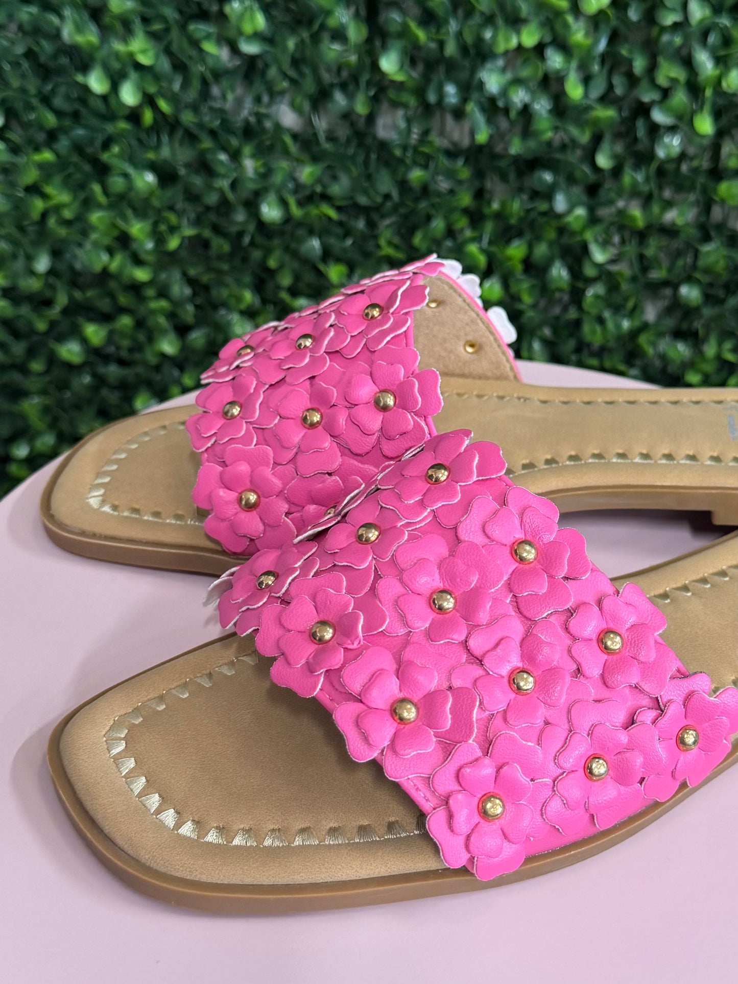 Corkys pink slide on sandals floral detail 