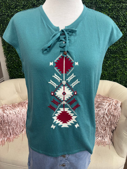 Keren Hart Teal Aztec Print Top with Tie