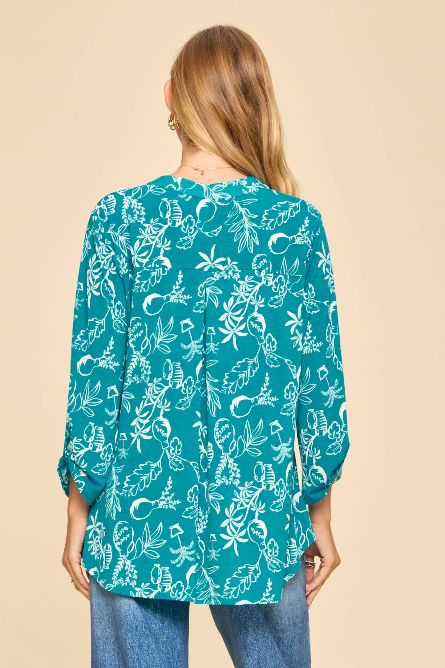 Palm Tree Mandarin Collar 3/4 Sleeve Blouse