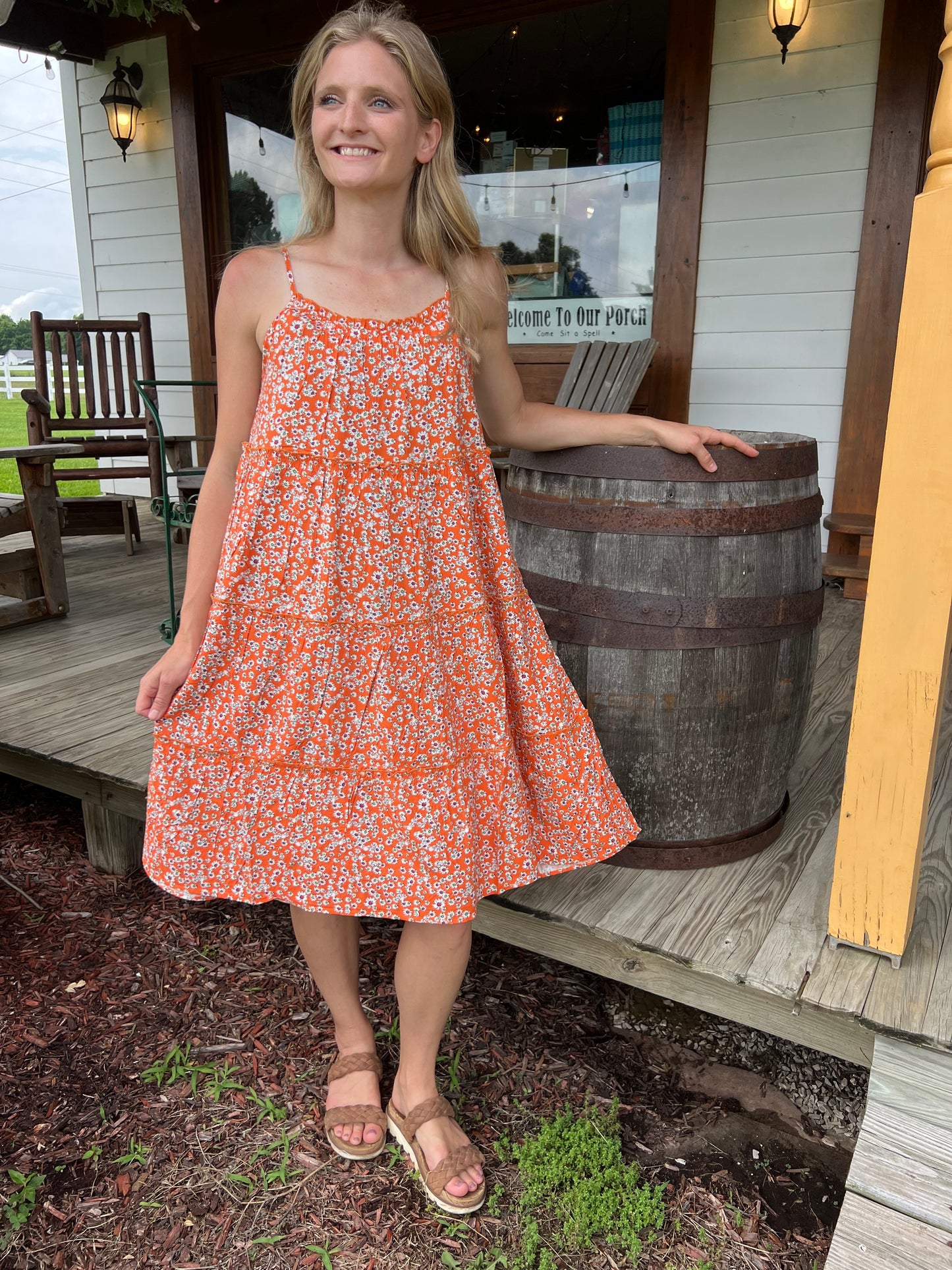 Keren Hart Orange Daisy Floral Tiered Dress