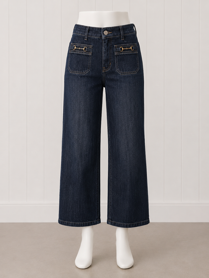 Charlie B Cropped Insert Pocket with Horsebit Wide Leg Stretch Denim