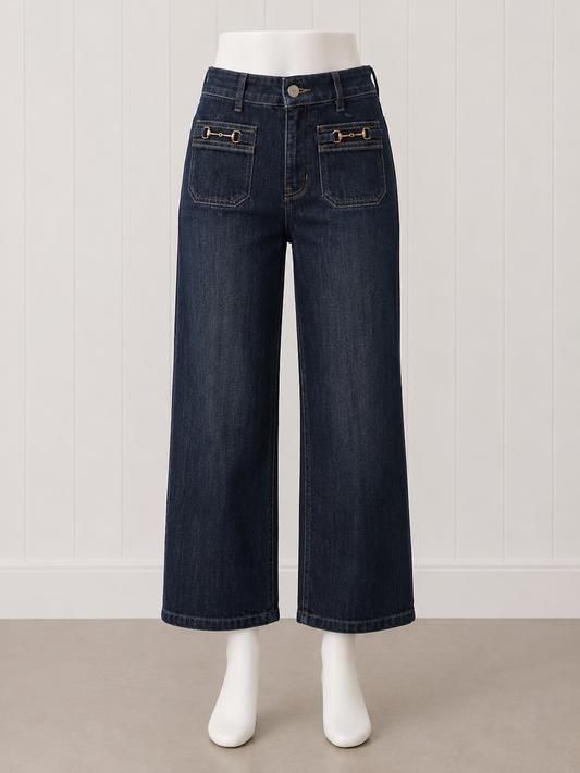 Charlie B Cropped Insert Pocket with Horsebit Wide Leg Stretch Denim