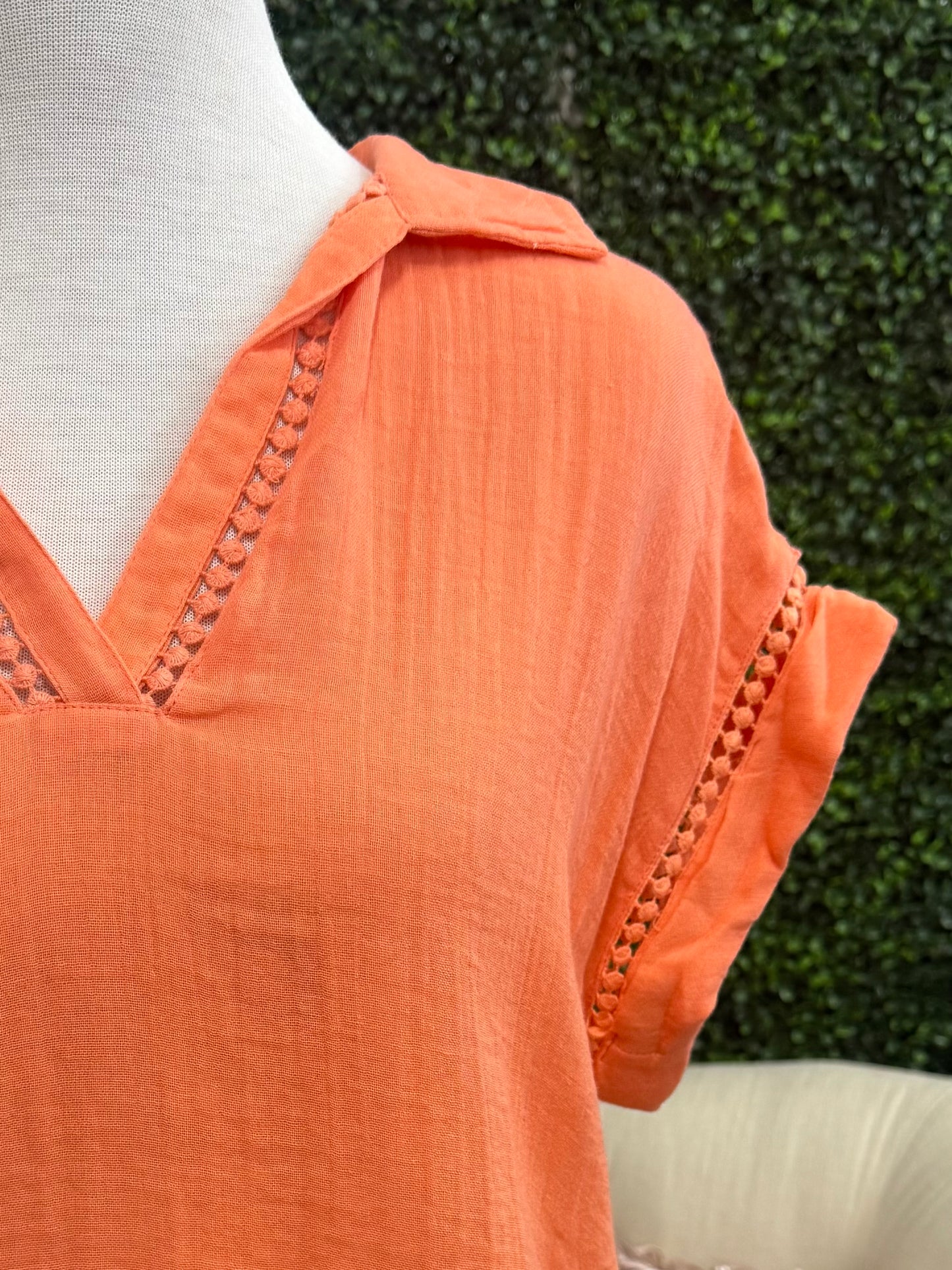 Keren Hart Coral Gauze Short Sleeve Top with Lace Detail