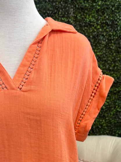 Keren Hart Coral Gauze Short Sleeve Top with Lace Detail