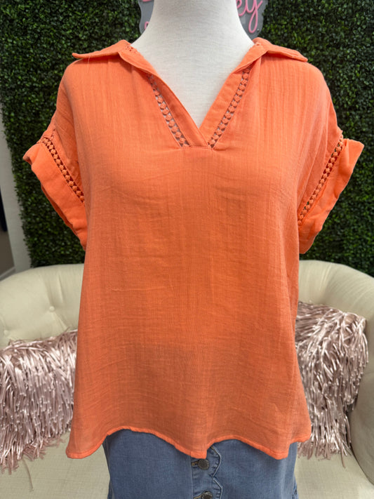 Keren Hart Coral Gauze Short Sleeve Top with Lace Detail