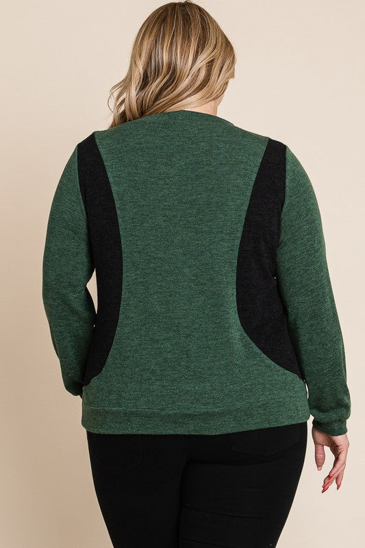 Plus Size Solid Color Block Long Sleeve Top