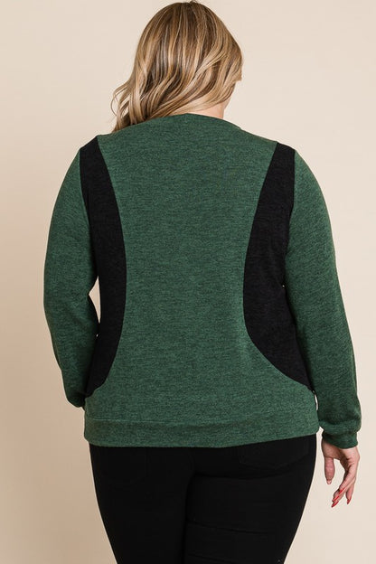 Plus Size Solid Color Block Long Sleeve Top