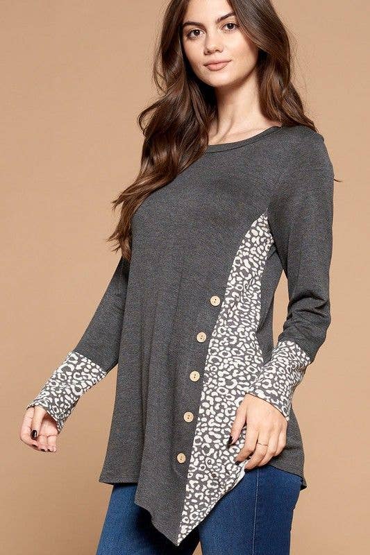 Charcoal Side Button Tunic Top with Animal Print Contrast