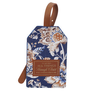 I Can Do All Things Honey-brown and Navy Floral Faux Leather Luggage Tag - Philippians 4:13